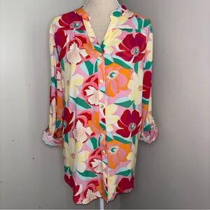 Hope Springs bright floral poppy print loose fit tunic top button up size Large